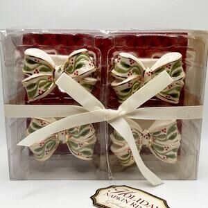Grassland Roads Cream Ribbon Bow Ceramic Holiday Napkin Rings Set of 4 New